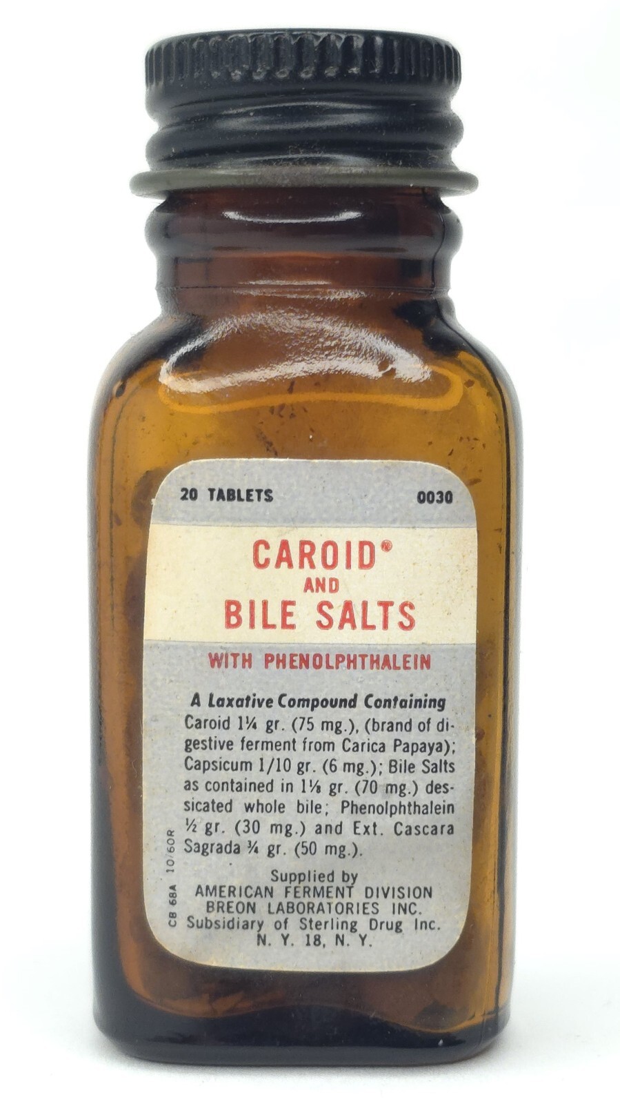 C1960s NOS Caroid Bile Salts Advertising Sterling Drug Bottle American Ferment