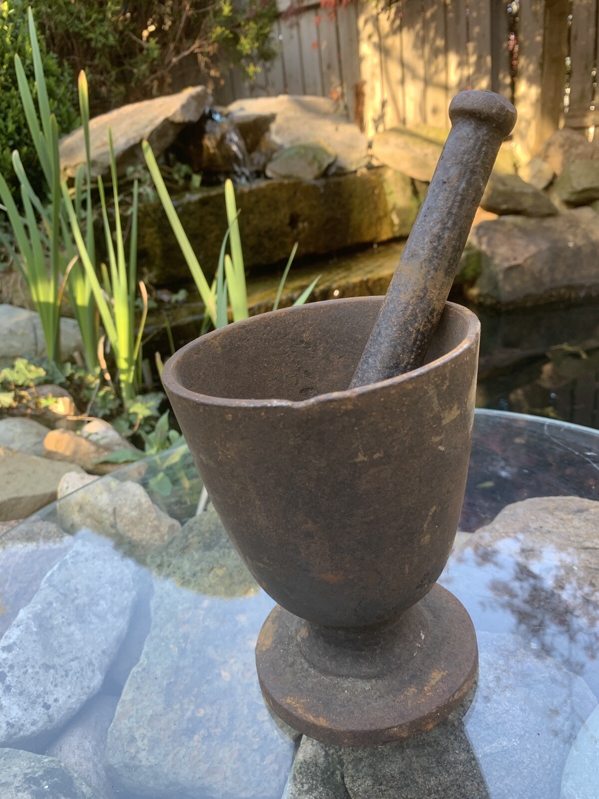 Rare Antique Primitive 19th Century Apothecary Cast Iron Mortar and Pestle Rx