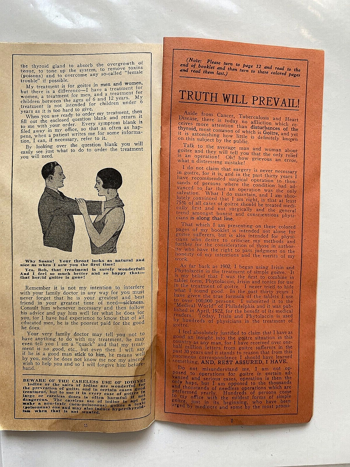 1932 Sales Literature for Goitre Cure. Dr. Arthur Rock, Milwaukee, Wisconsin.