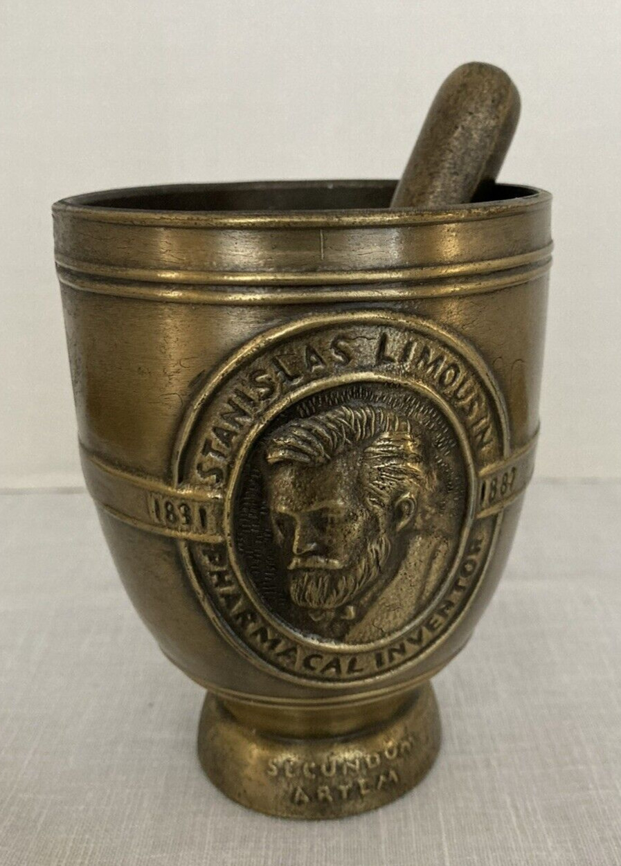 BRASS PHARMACY MORTAR AND PESTLE METAL 4.5″ STANISLAS LIMOUSIN SCHERING 1984