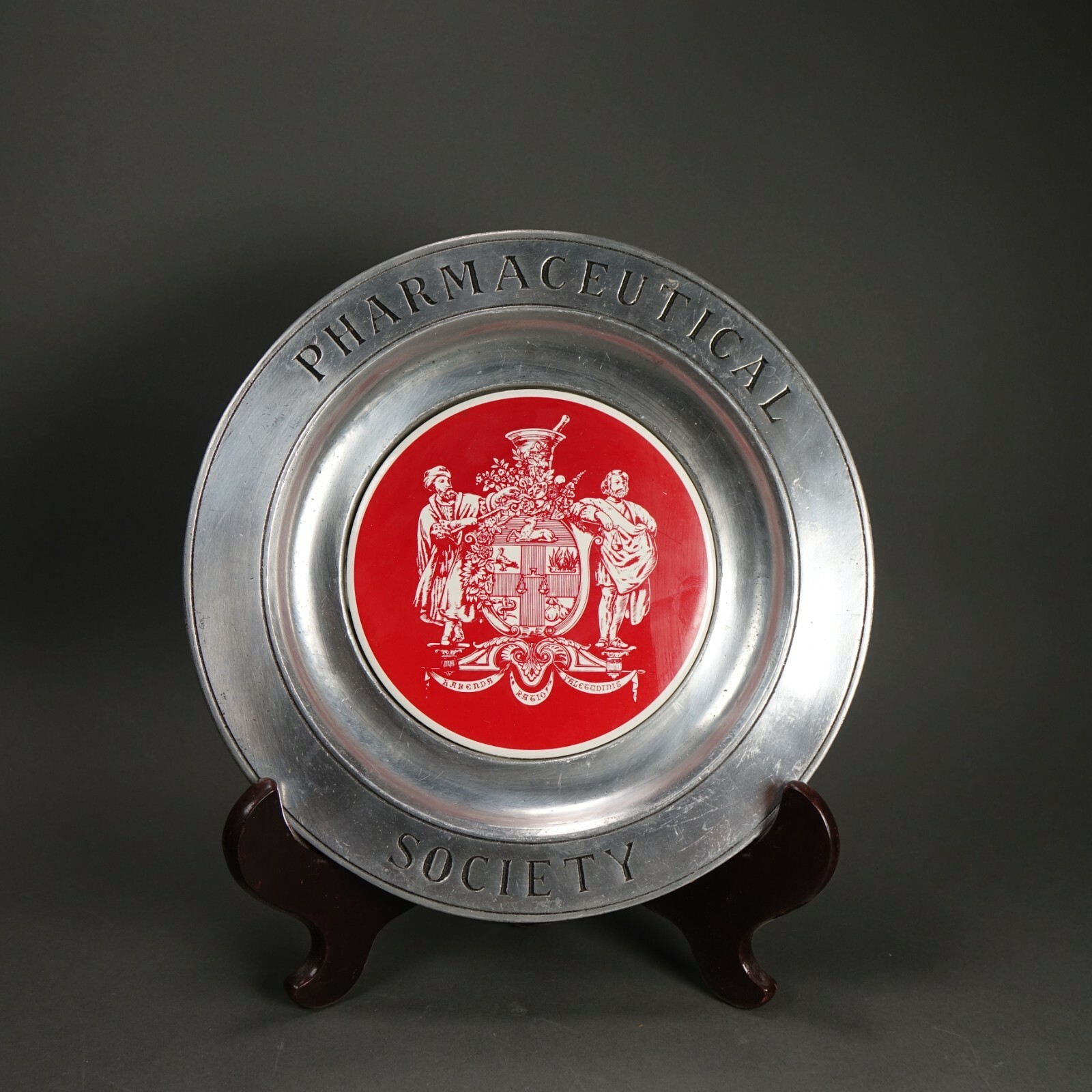 Vintage Squibb Apothecary Pharmaceutical Society Pewter Plate w/ Wood Stand