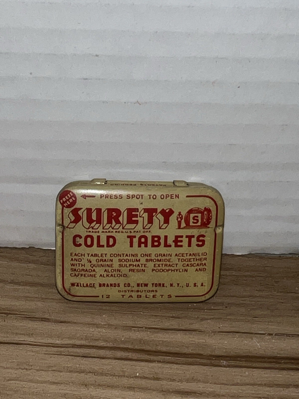 Vintage Surety Cold 12 Tablets Full Tin Wallace Brands New York Not For Use