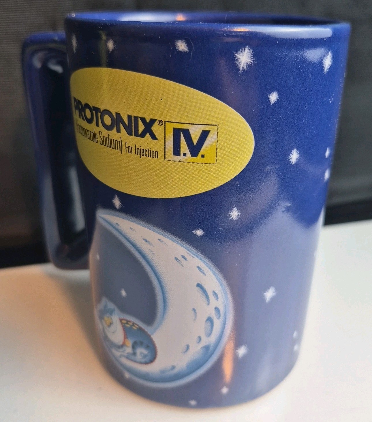 Protonix Drug Rep Coffee Mug Promo Sleeping Cat Moon Blue Ceramic Cup Collectibl