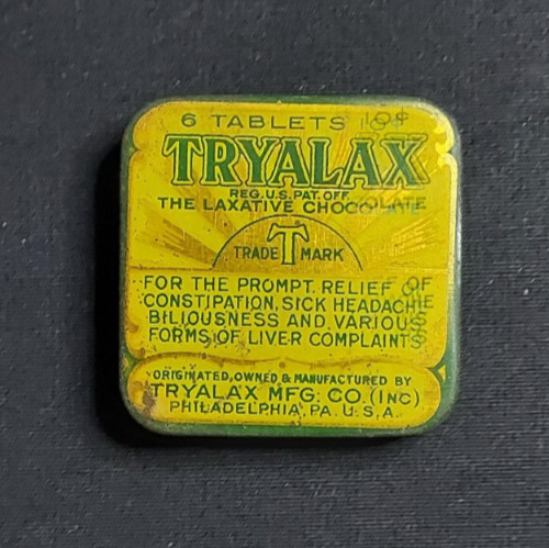 New Old Stock Medicine Tin Tryalax Chocolate Laxative Philadelphia Tryalox Mfg