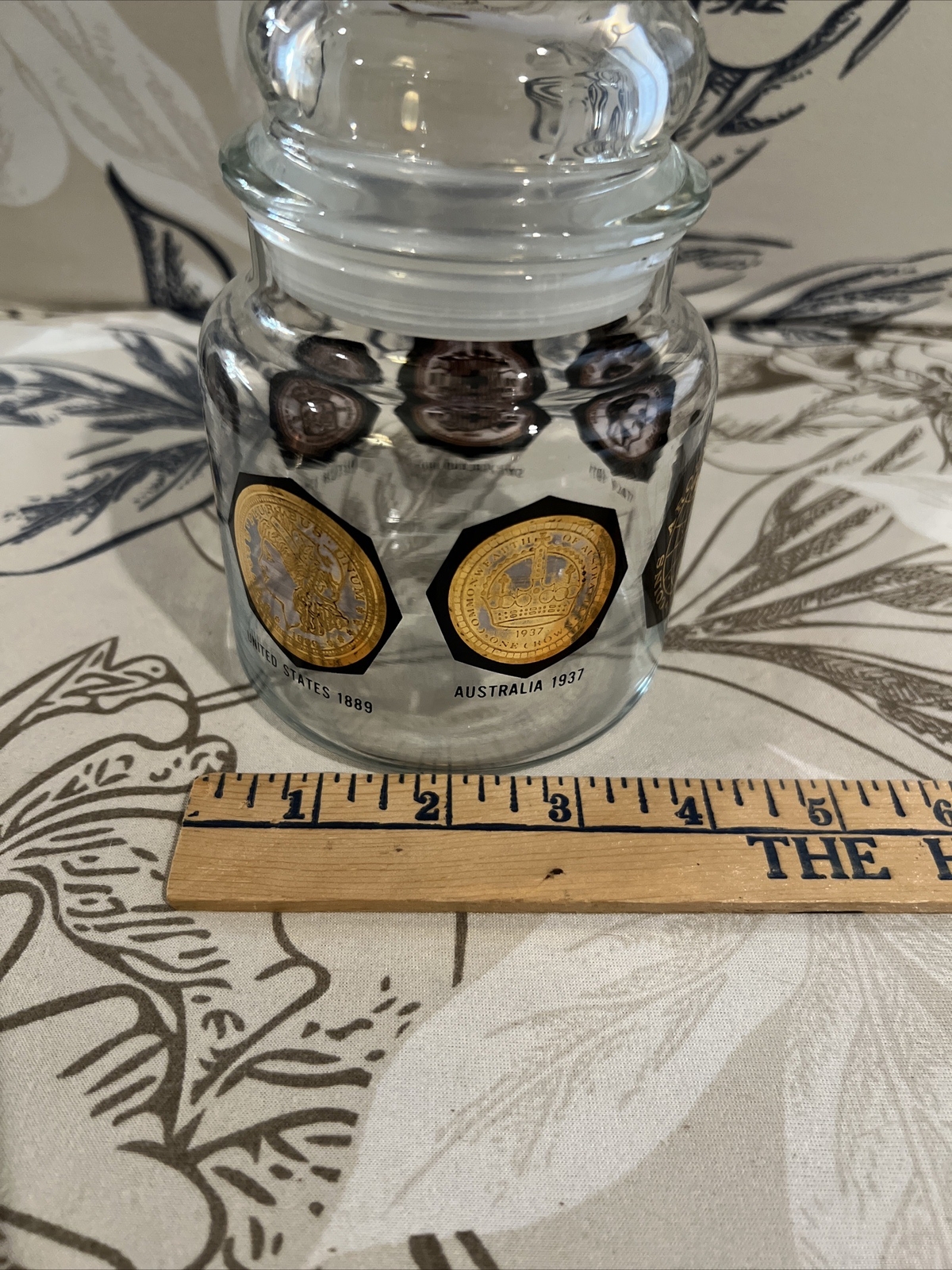 RARE Vintage Gold & Black Apothecary Jelly Bean Jar “Coins Around the World”