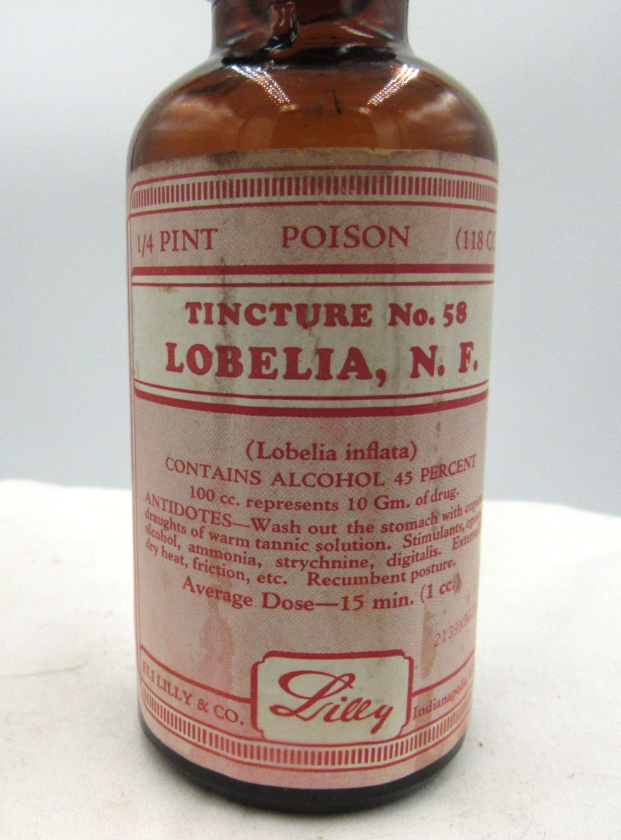 1950’s Eli Lilly Tincture Lobelia Indianapolis 5 1/4 Amber Medicine bottle