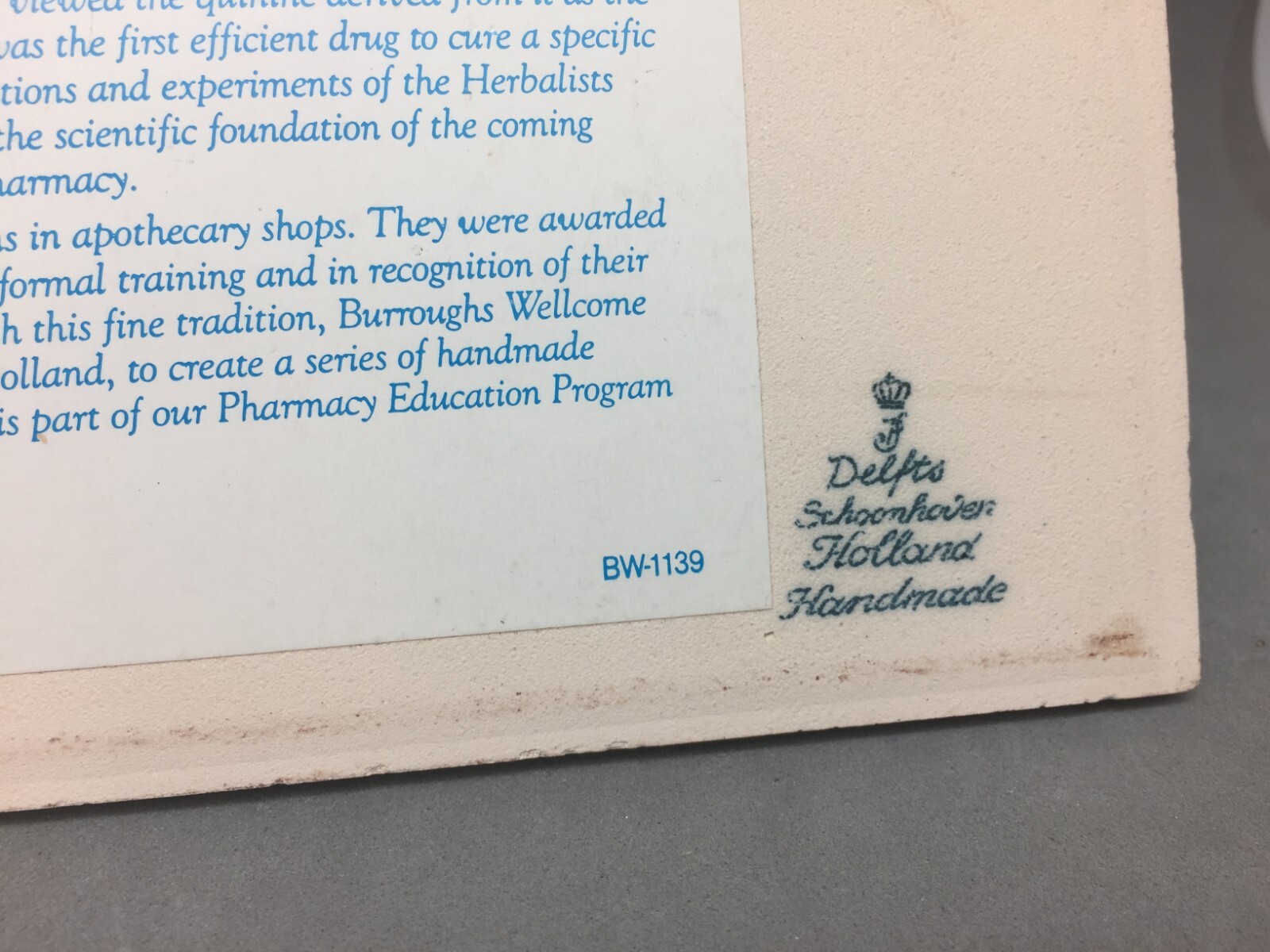 Blue Delft Schoonhaven Holland Tile Trivet Pharmacy Herbalist Burroughs Wellcome