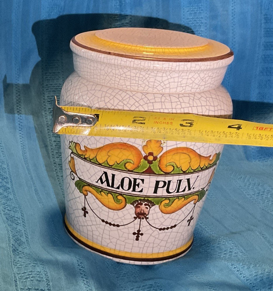 Aloe Pulv. Vintage Apothecary Jar Italian Latin Lid Crackled Rare Vanity Storage