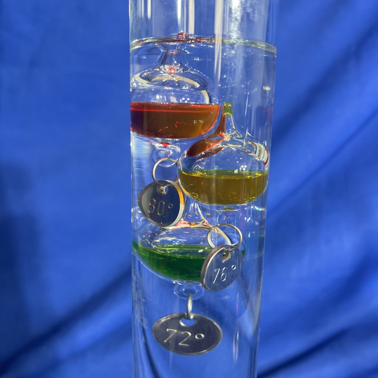 Galileo Thermometer 15” Tall Glass Tube W/ Floating Spheres Shows 72 Degrees Now