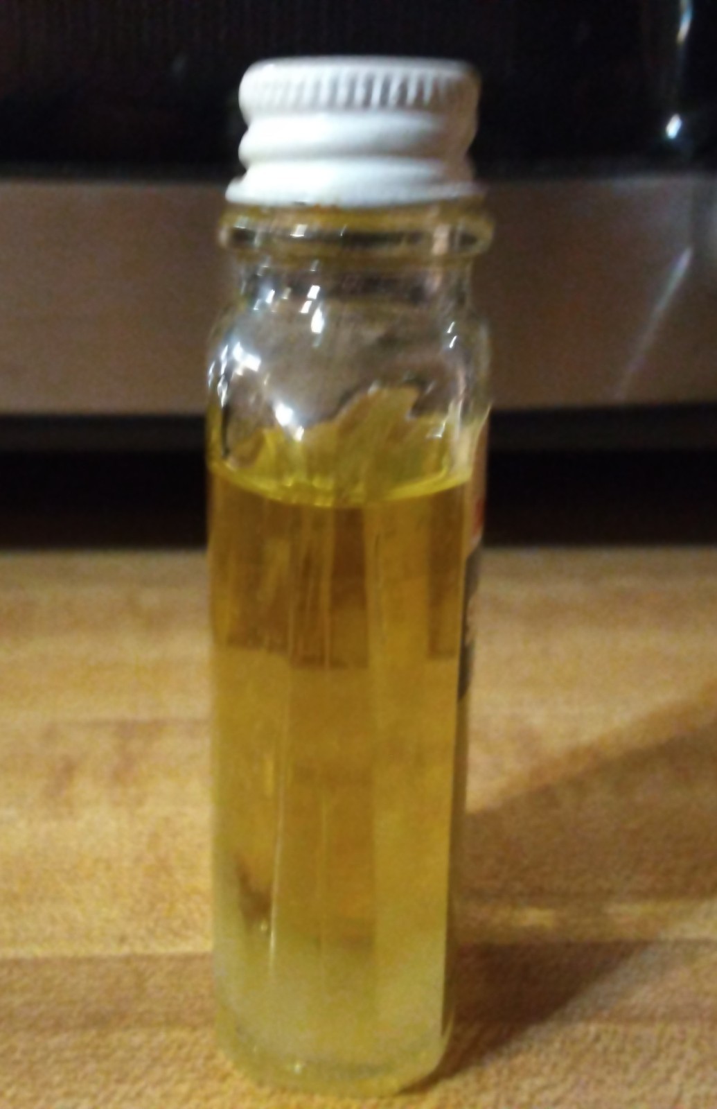 Vtg CUNNINGHAM Sweet Oil Emollient 1oz Glass Mini Glass Bottle 3/4 Full PROP TAG