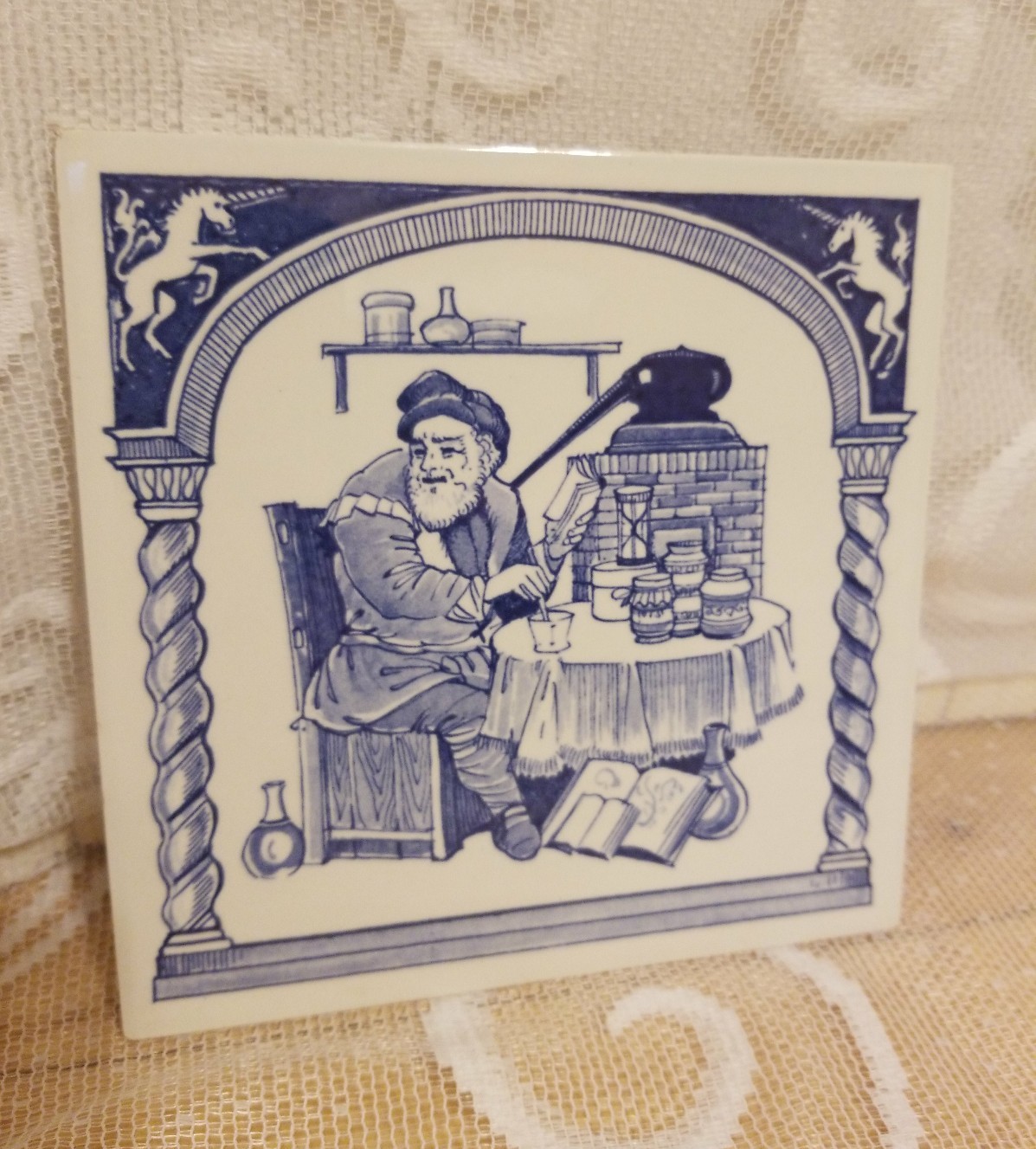 Delft Holland Pill Tile for Burroughs Welcome Co. 17th Century “The Pharmacist”