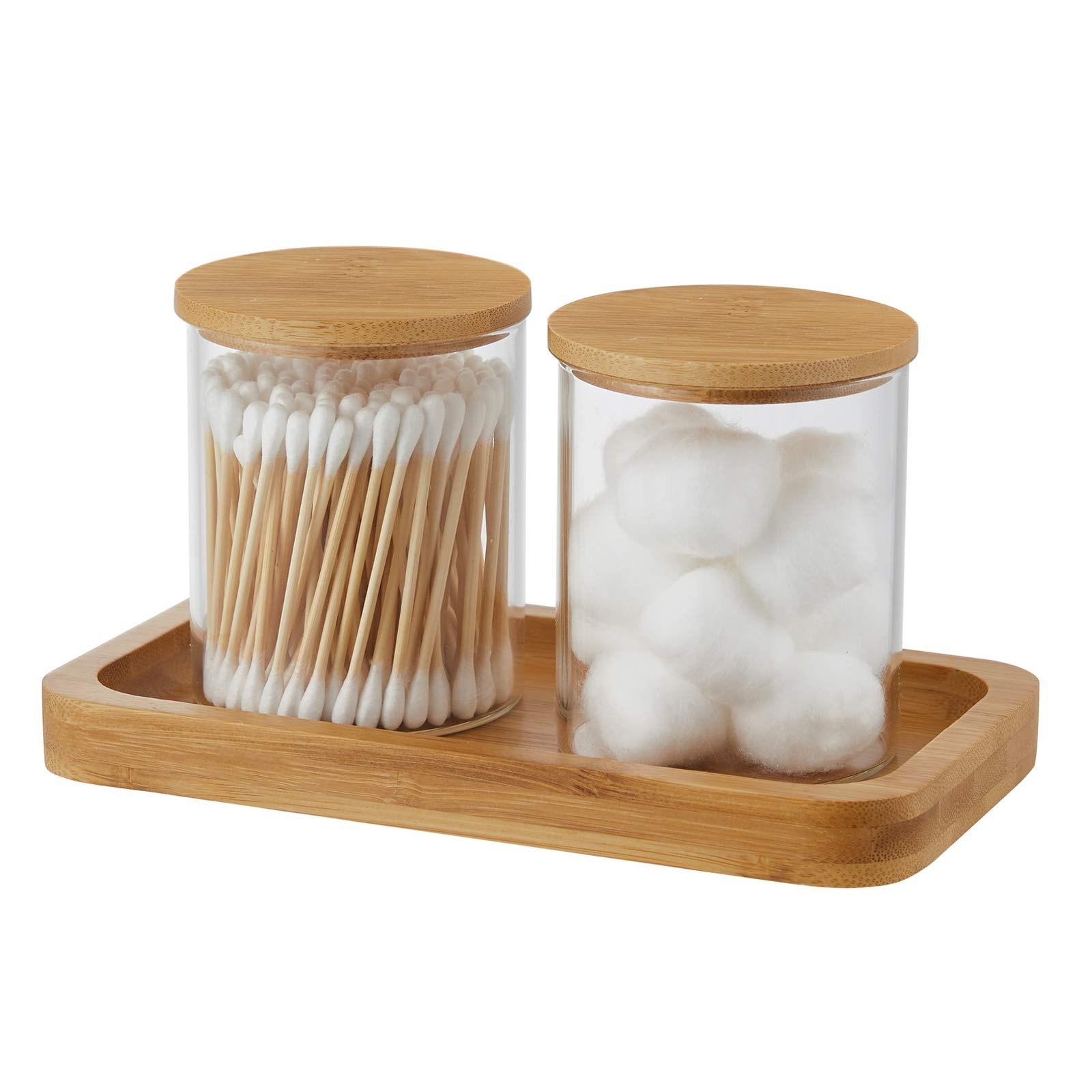 INIUNIK Glass Qtip Holder with Vanity Tray, Apothecary Jars Bathroom Accessor…
