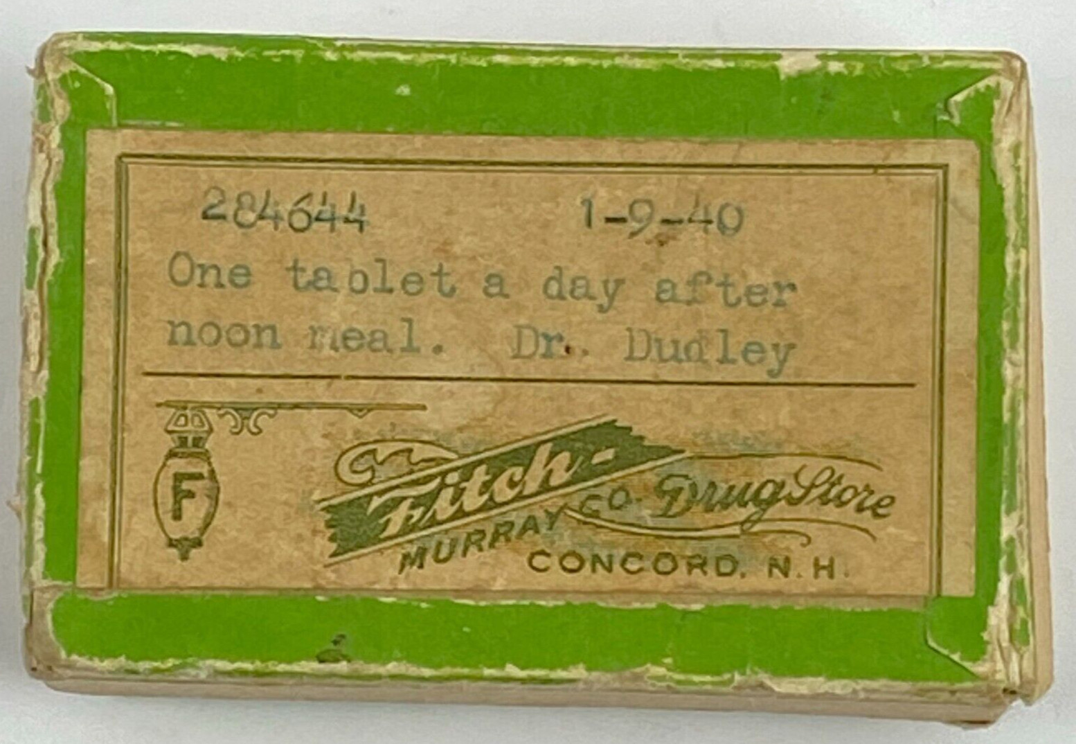 1940 Prescription Medicine Pill Box Fitch Murray Drug Store Concord NH Vintage