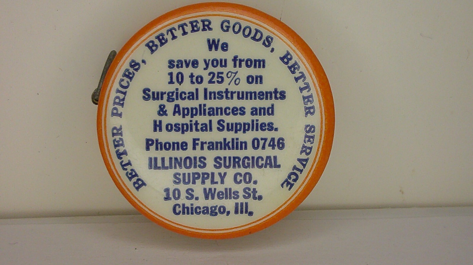 advertising Illinois surgical supply celluloid tape measure picture instruments