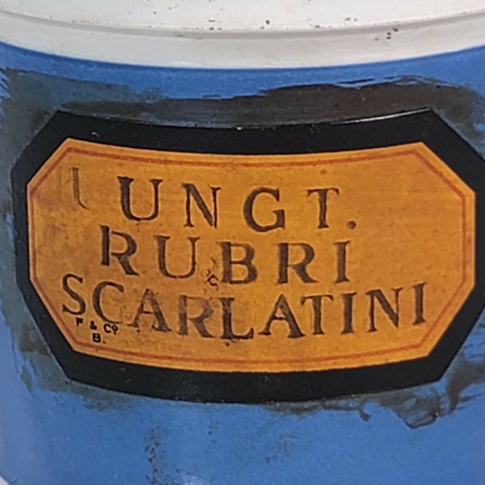 Vintage Blue Medicinal Medicine Jar Lidded Ungt Rubri Scarlatini F&B Apothecary