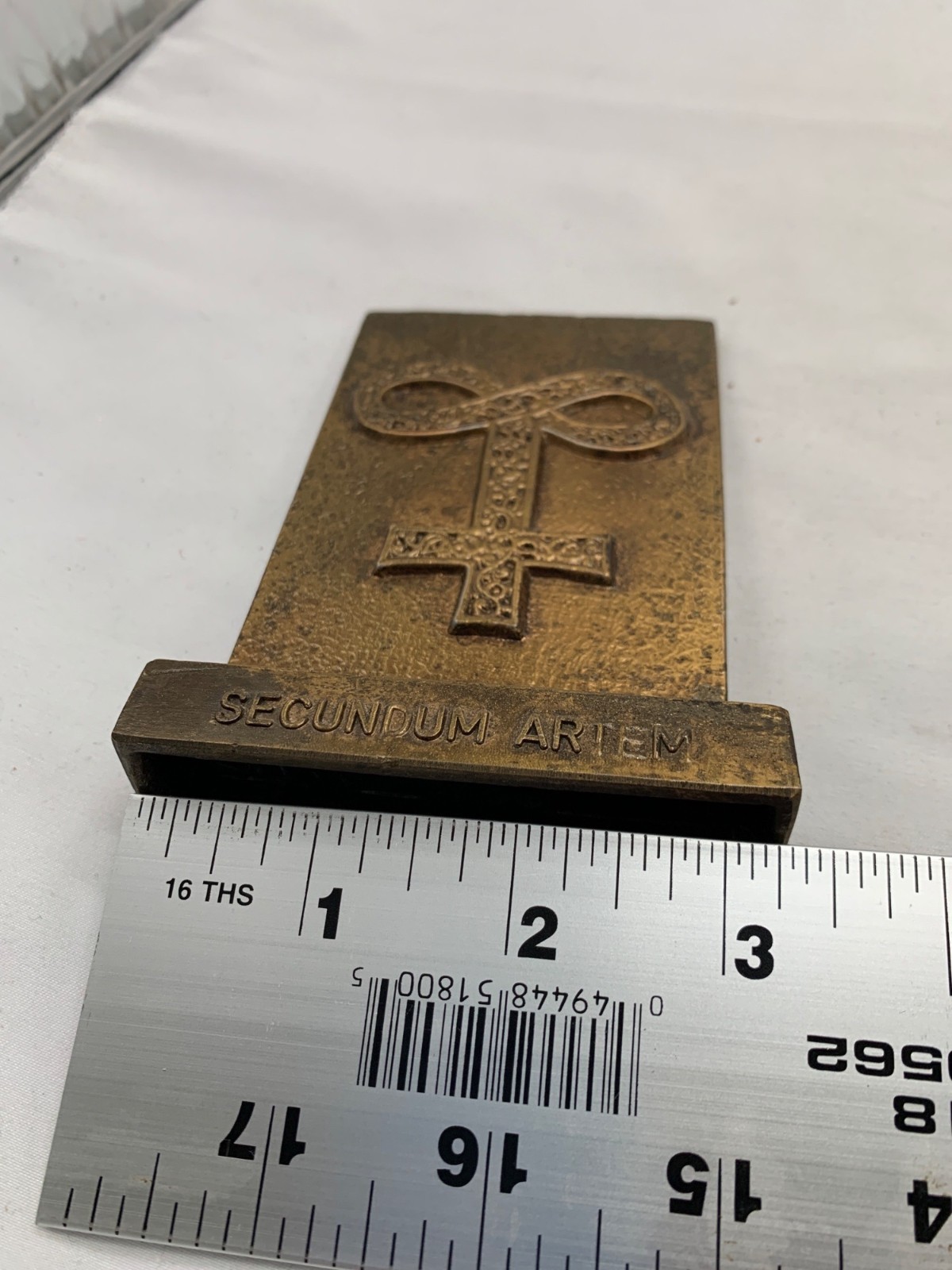 Vintage 1979 Secundum Artem Metal Plaque Paperweight Cross Design & Infinity