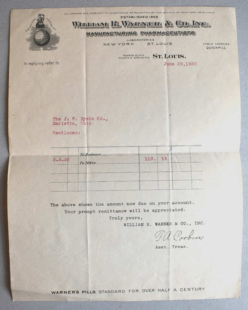 William R. Warner Medicine Drug Pharmacy Laboratories Vintage 1925 LETTERHEAD