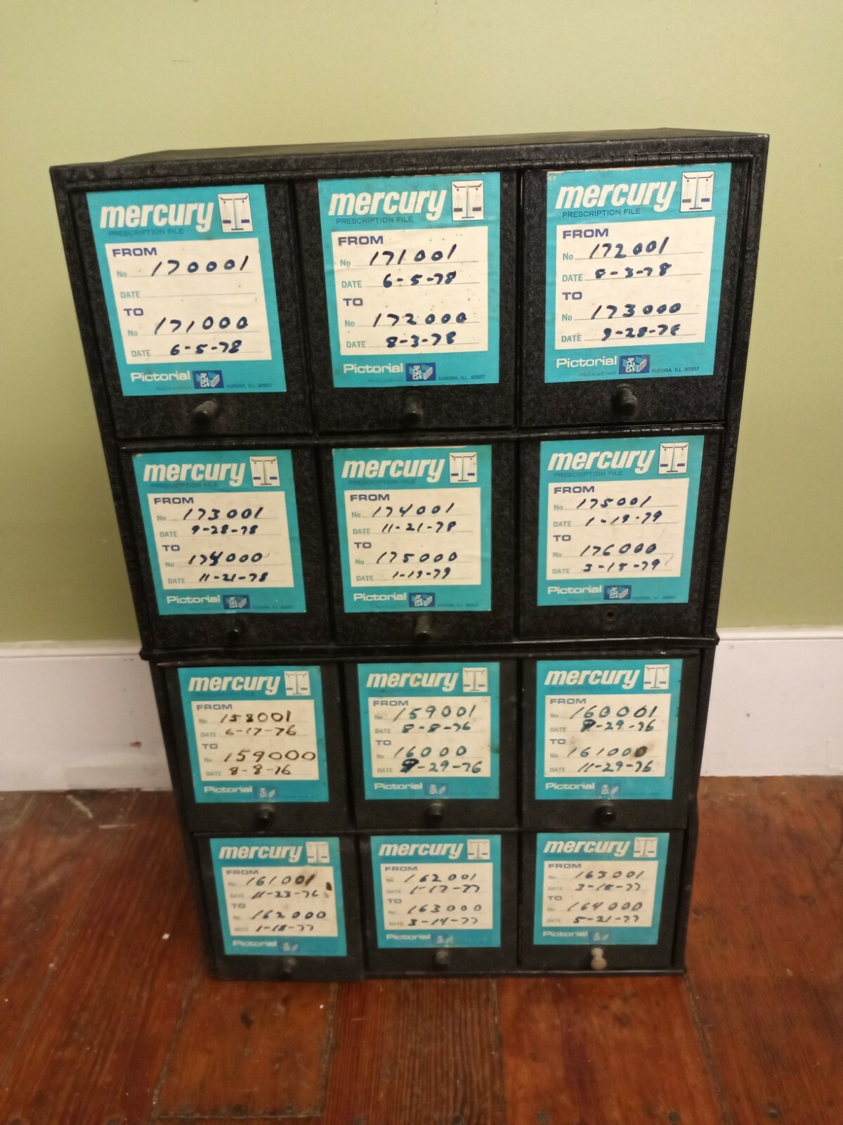 Vintage 1950s – stacking 12 compartment Pharmacy File Pill Cabinet industrial