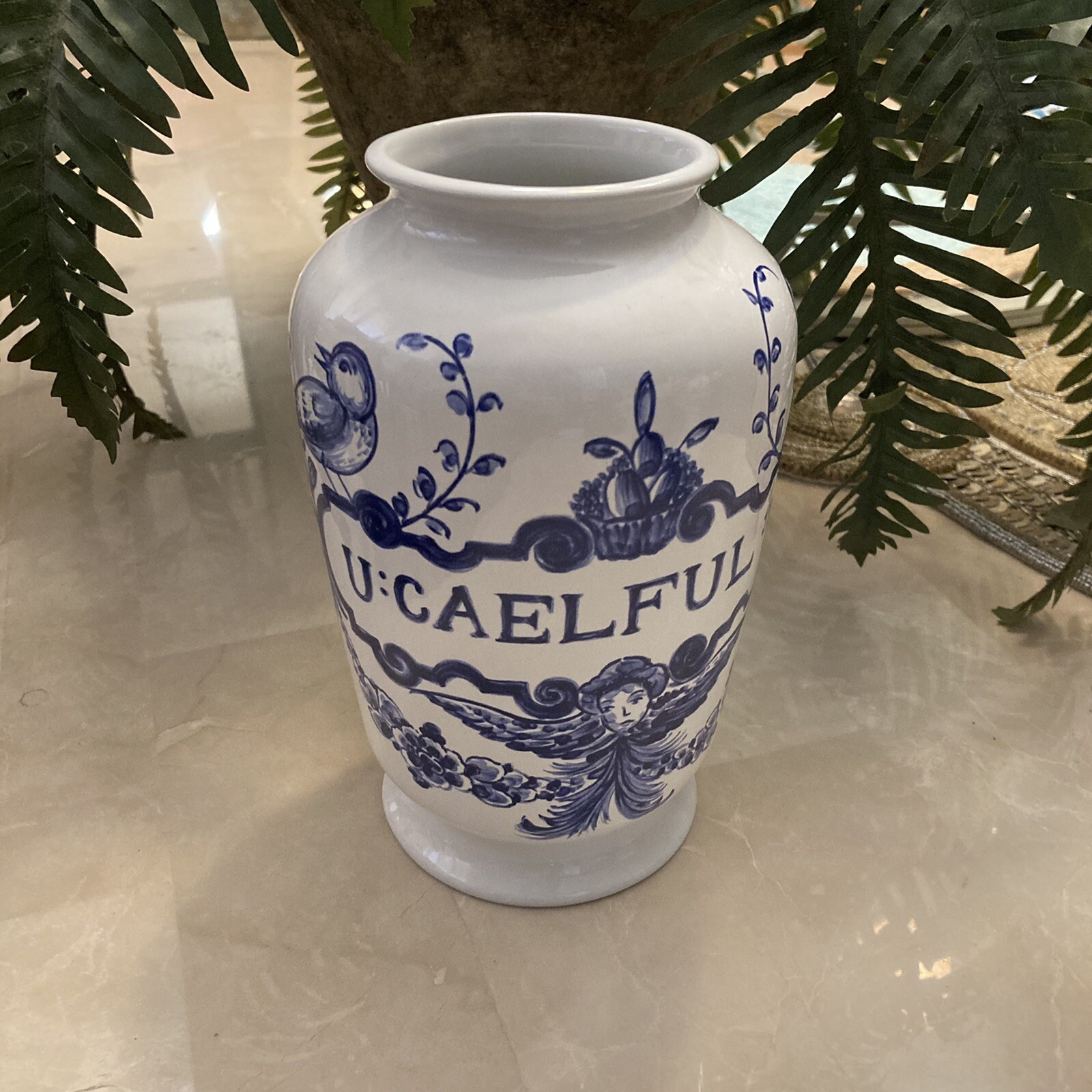 Vintage LILLY Drug Blue White Ceramic Pharmacy Apothecary Jar Vase U:CAELFUL:FO