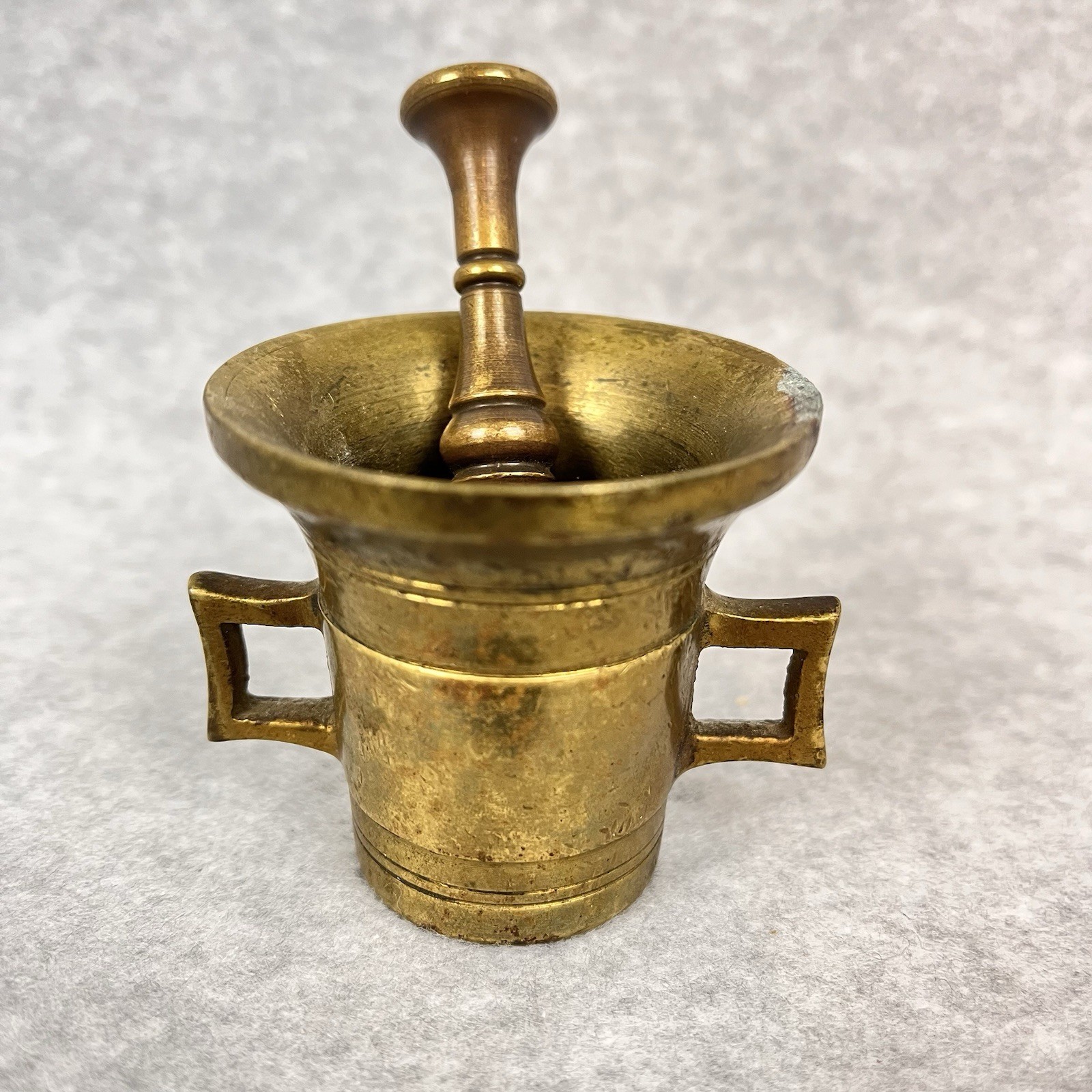Vintage Small 2″ Tall Brass Mortar with Handles & 3″ Pestle