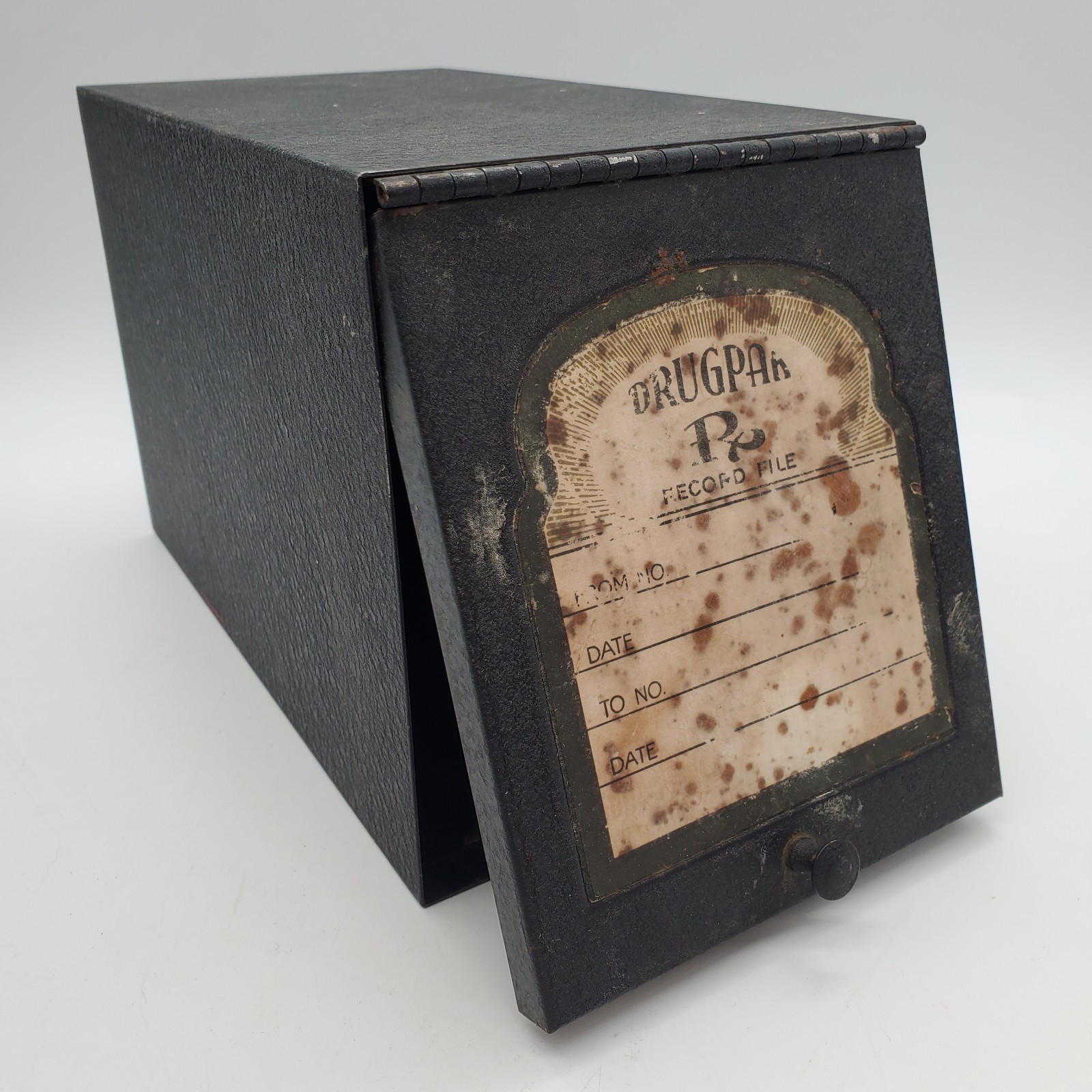 Vintage Black Metal Drugpak Rx Prescription Record File Pharmacy Box, Apothecary
