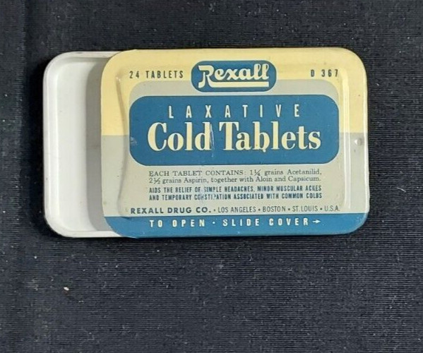 Old EMPTY Advertising Medicine Tin Rexall Laxative Cold Tablets Rexall Drug