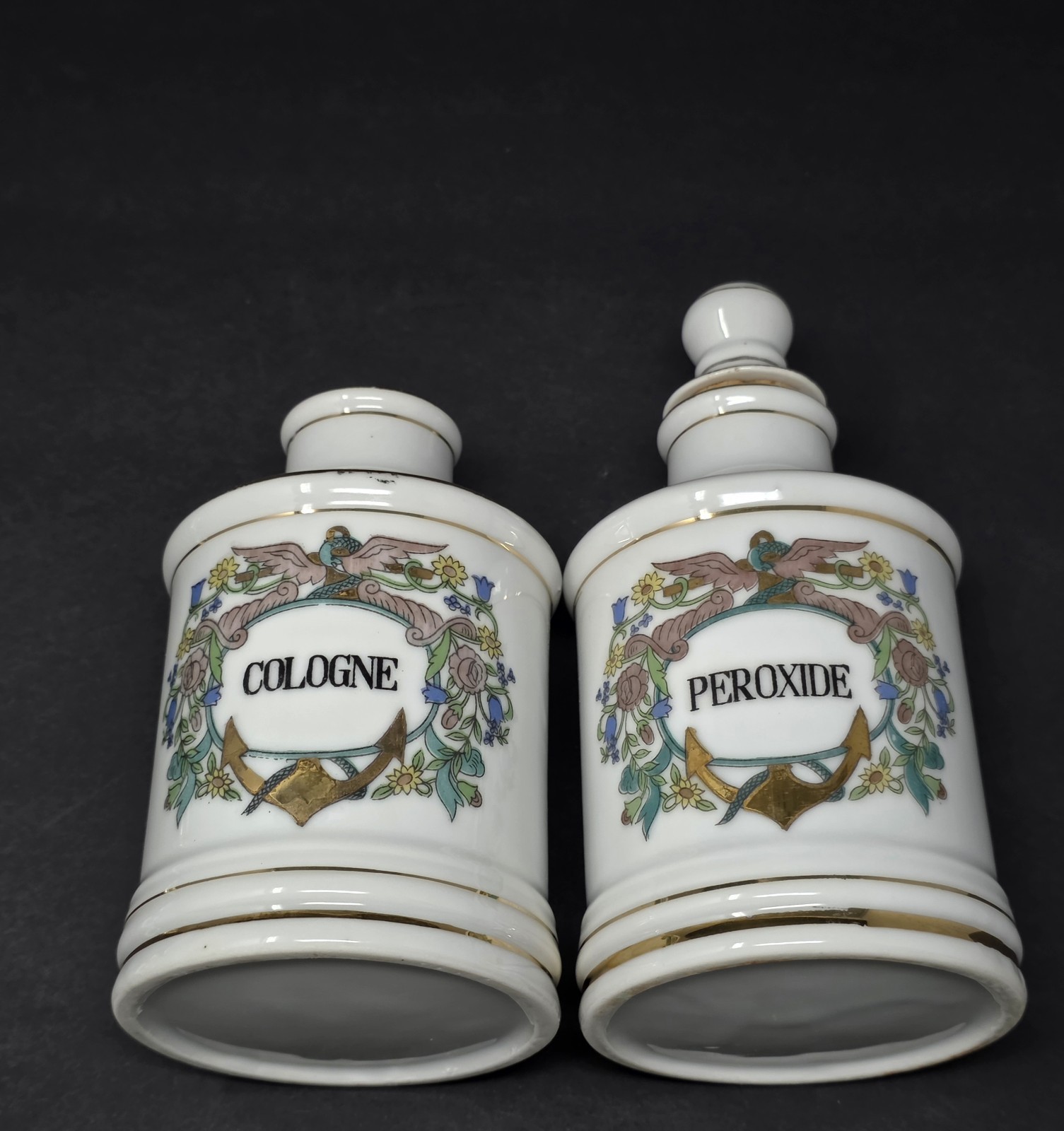 Vintage Porcelain Apothecary Medicine Jar Set Salts Cologne Gauze Perioxide