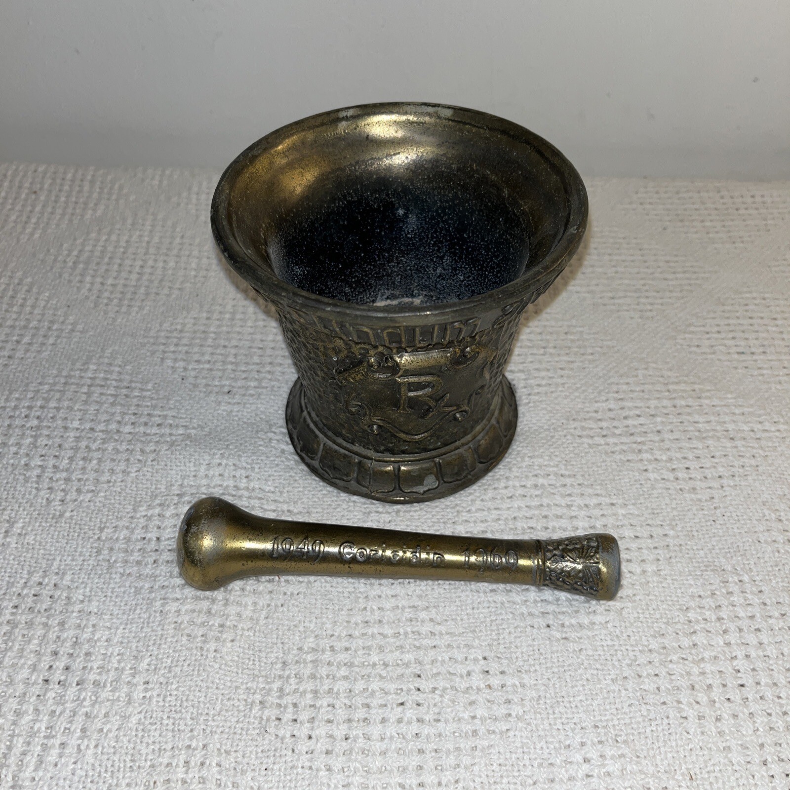 Vintage Apothecary￼￼ Coricidin Mortar & Pestle Brass Rx Secundum Artem Pharmacy