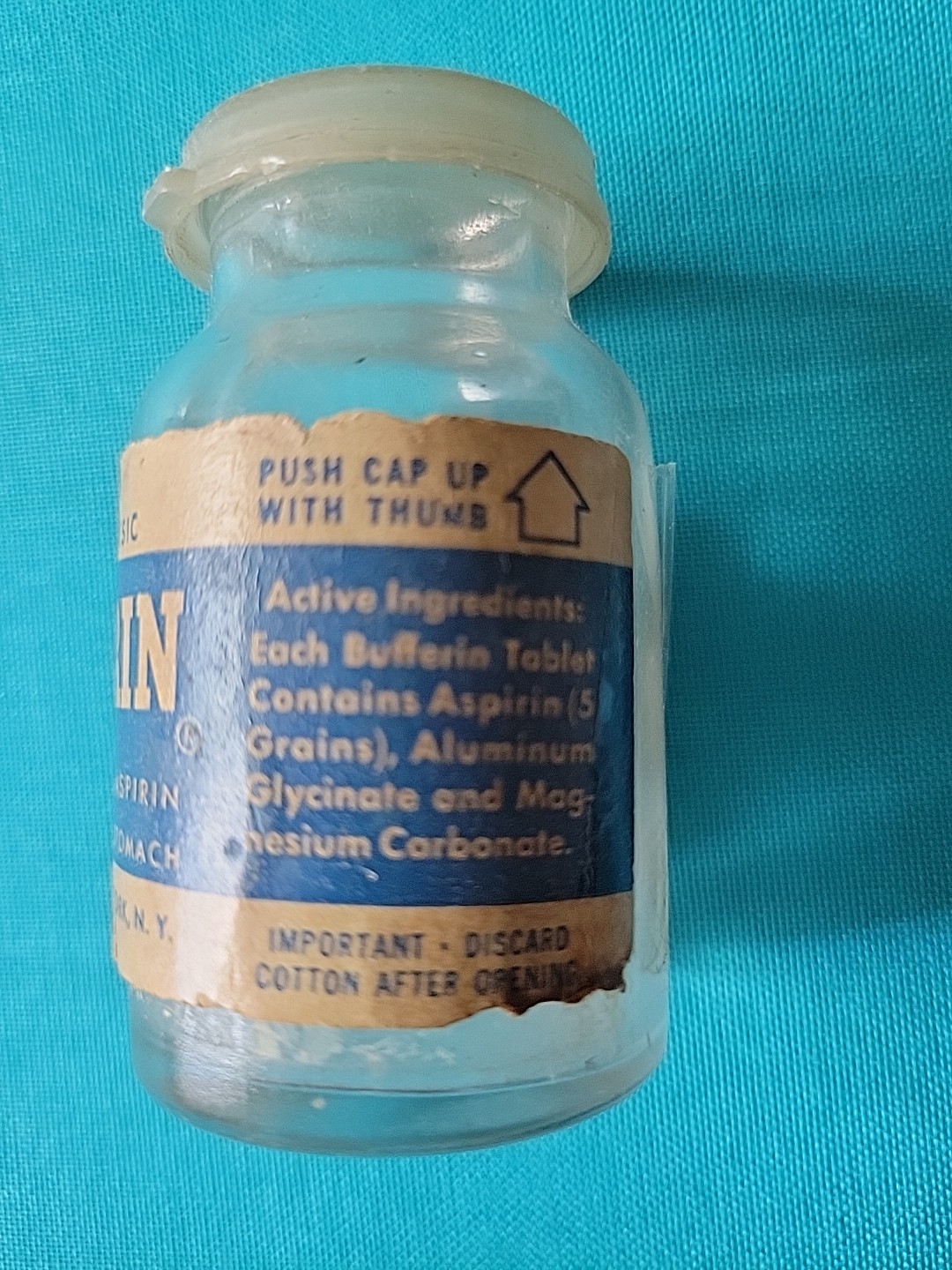 Vintage Bufferin Glass Bottle Empty Container~36 Tablets~Paper Label~Pain Relief