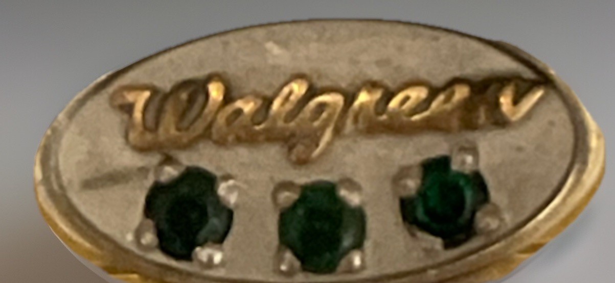 Vintage Walgreens Employee Tie Clip Gold w/ Green Stones 1960s–80s