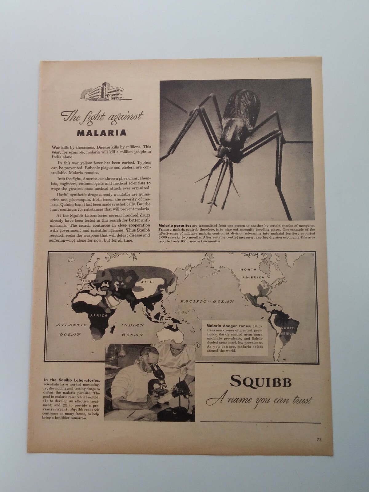 Squibb Print Ad Original Vintage 1945 Bristol Myers NYC Malaria Piper Cub PA