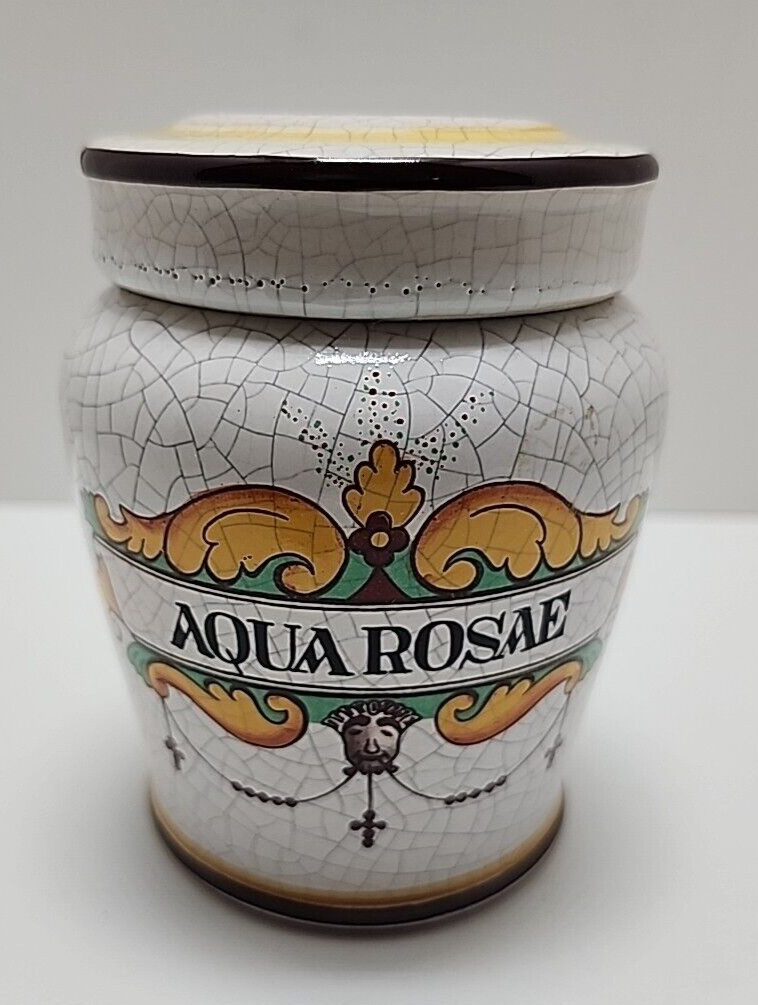 Aqua Rosae Apothecary Jar Western Germany Rose Water Lid Crackled Rare Vanity