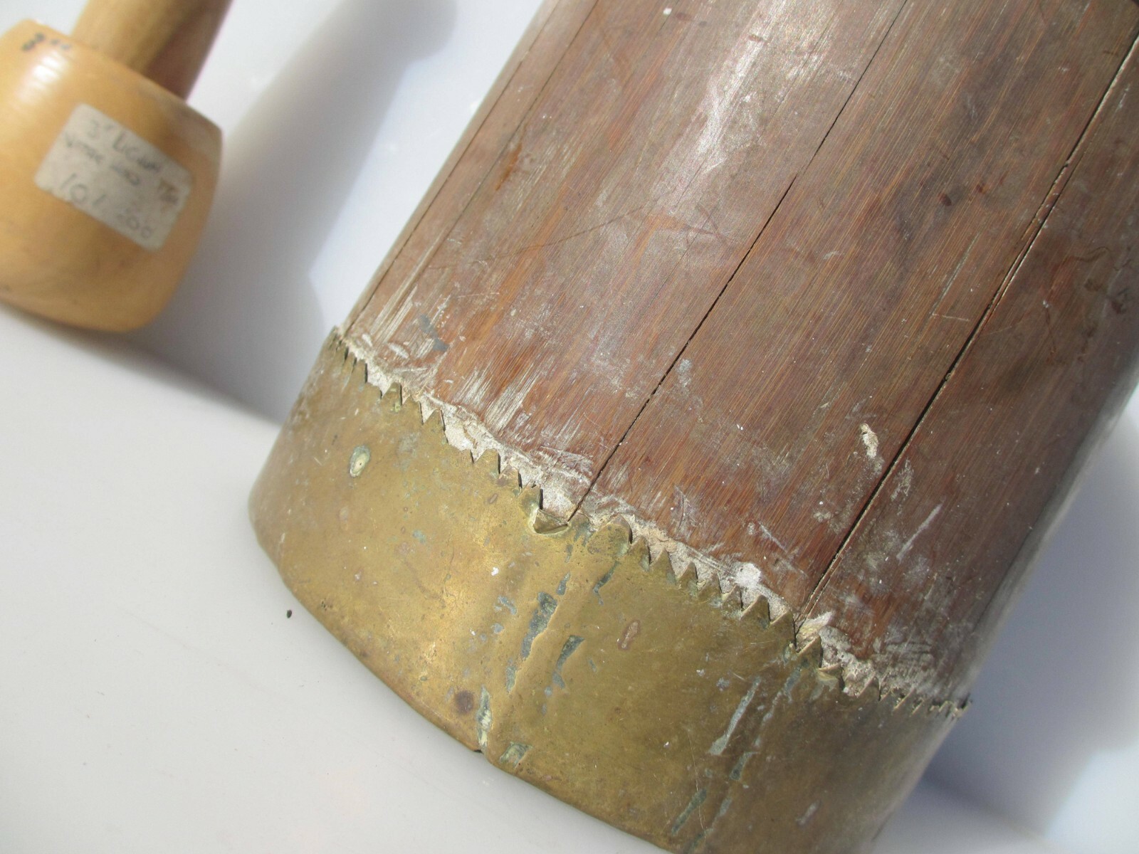 Antique Wooden Mortar and Pestle Barrel Brass Strap Vintage Old Wood French