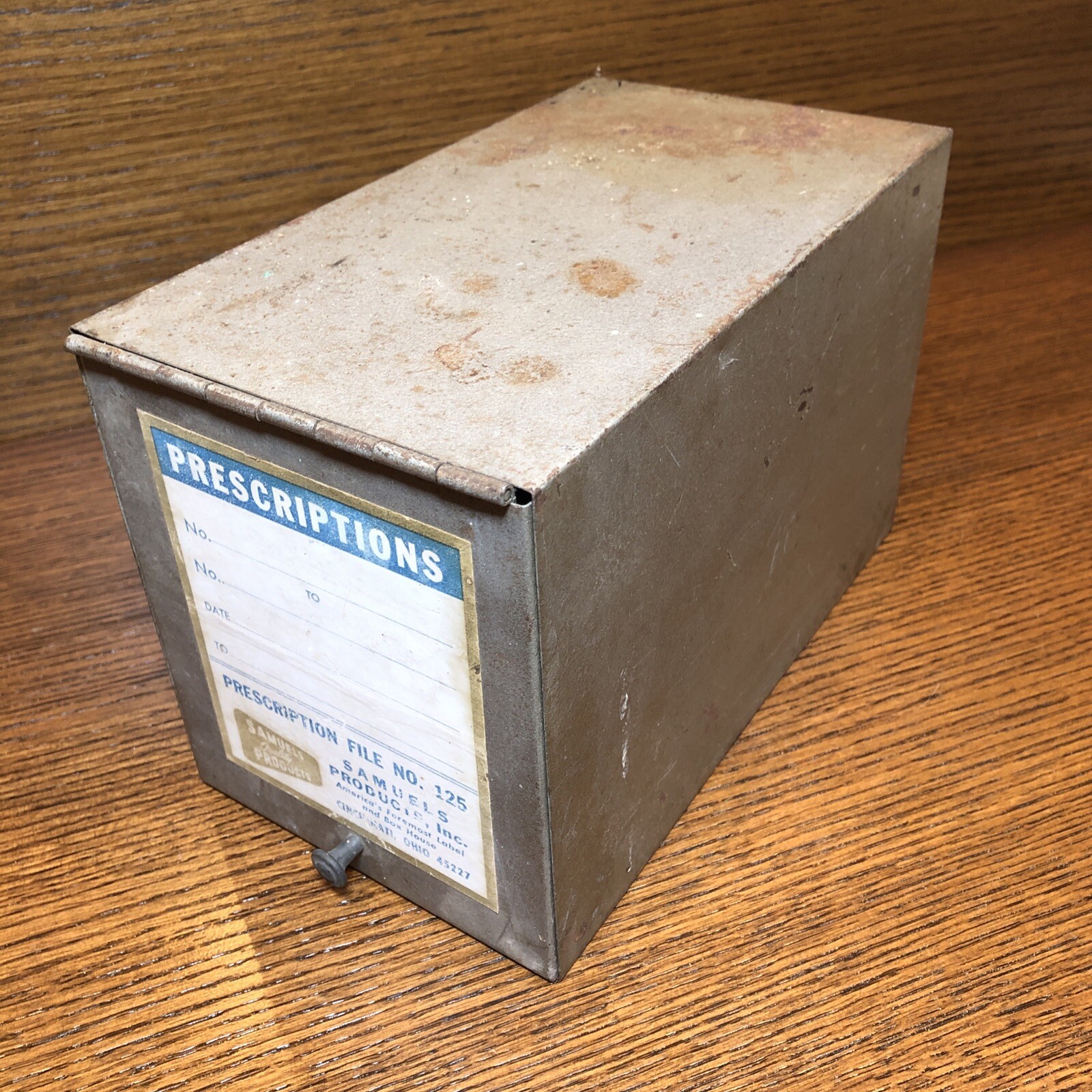 Vintage Pharmacy Prescription Box SAMUELS Metal File Apothecary Rx Cincinnati OH