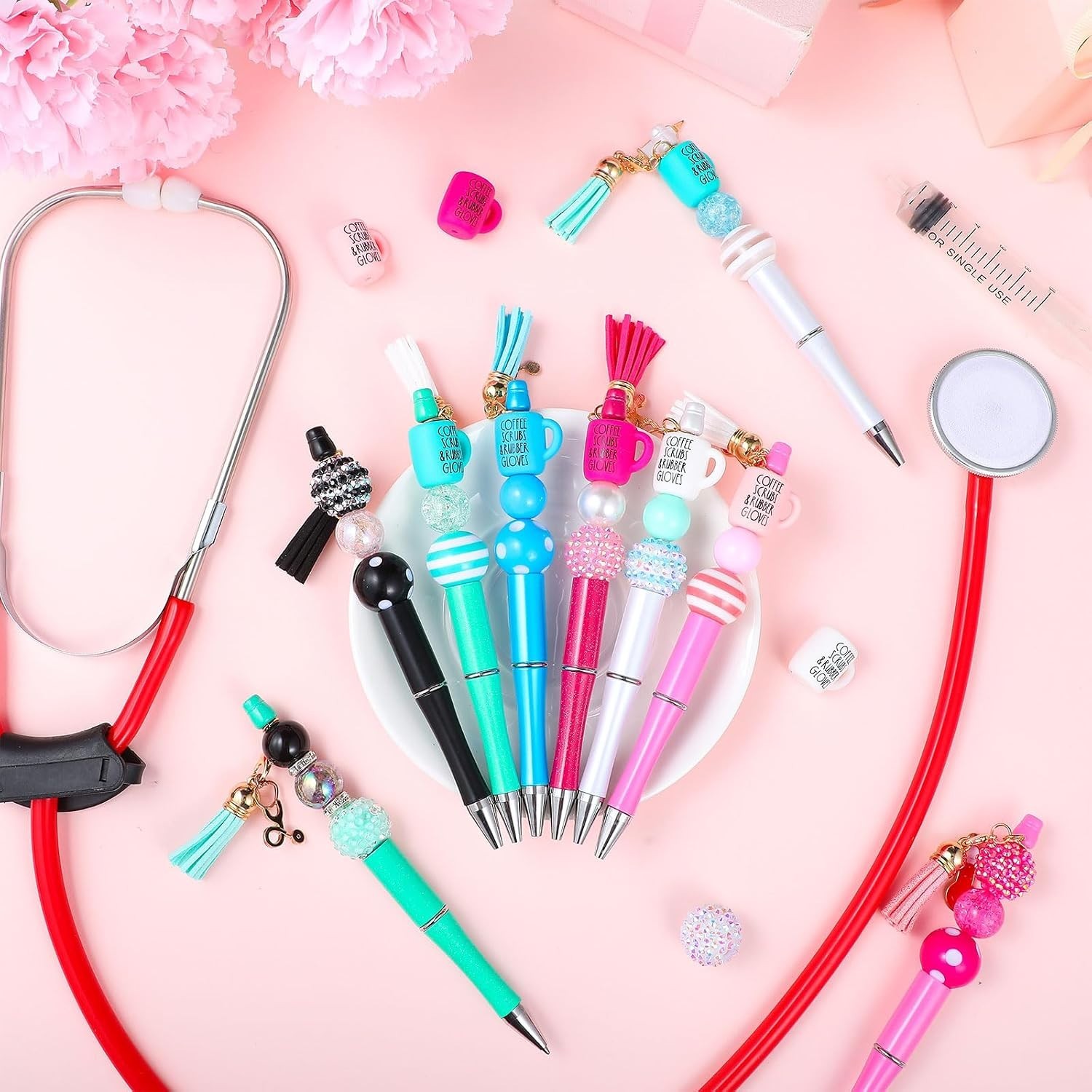 Quality Nurse Beadable Pens Gift Set – 12 Pcs with 50 Beads & Assorted Charms