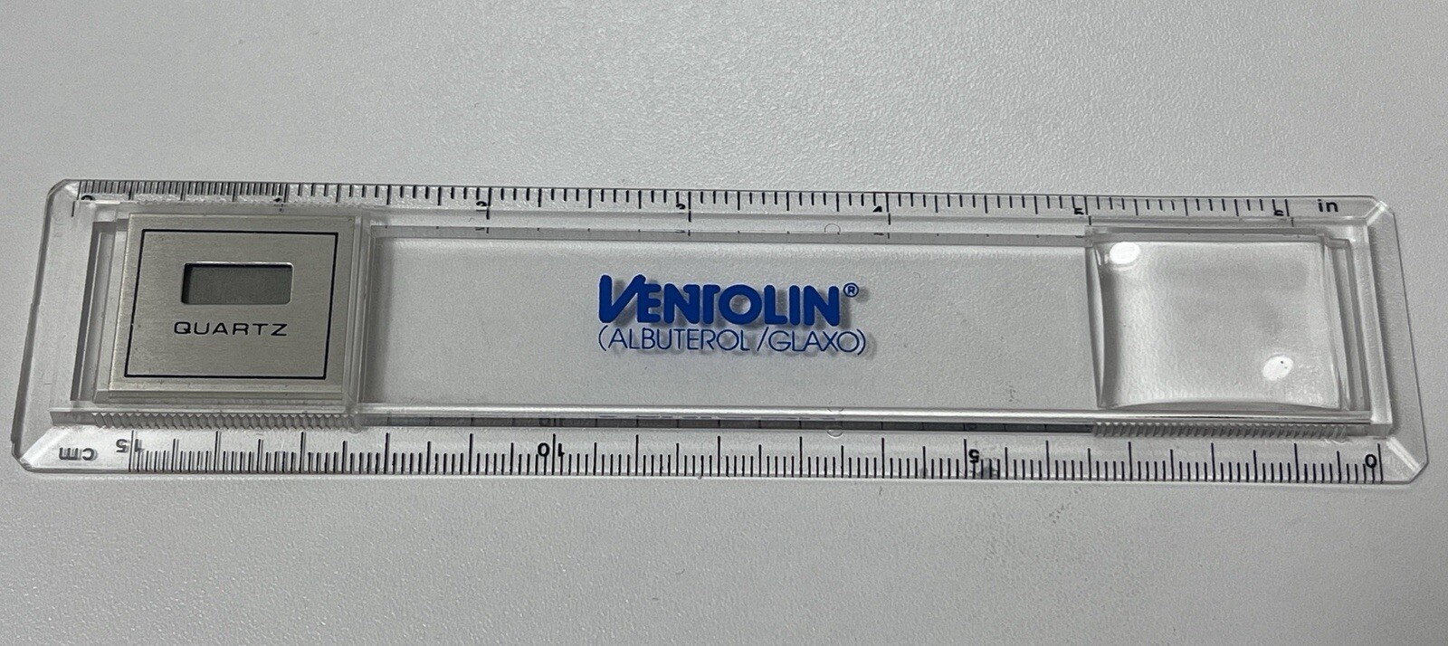 Glaxo VENTELIN Ruler w/ Quartz Clock & Magnifier Pharmaceutical Rep Promo (MD18)