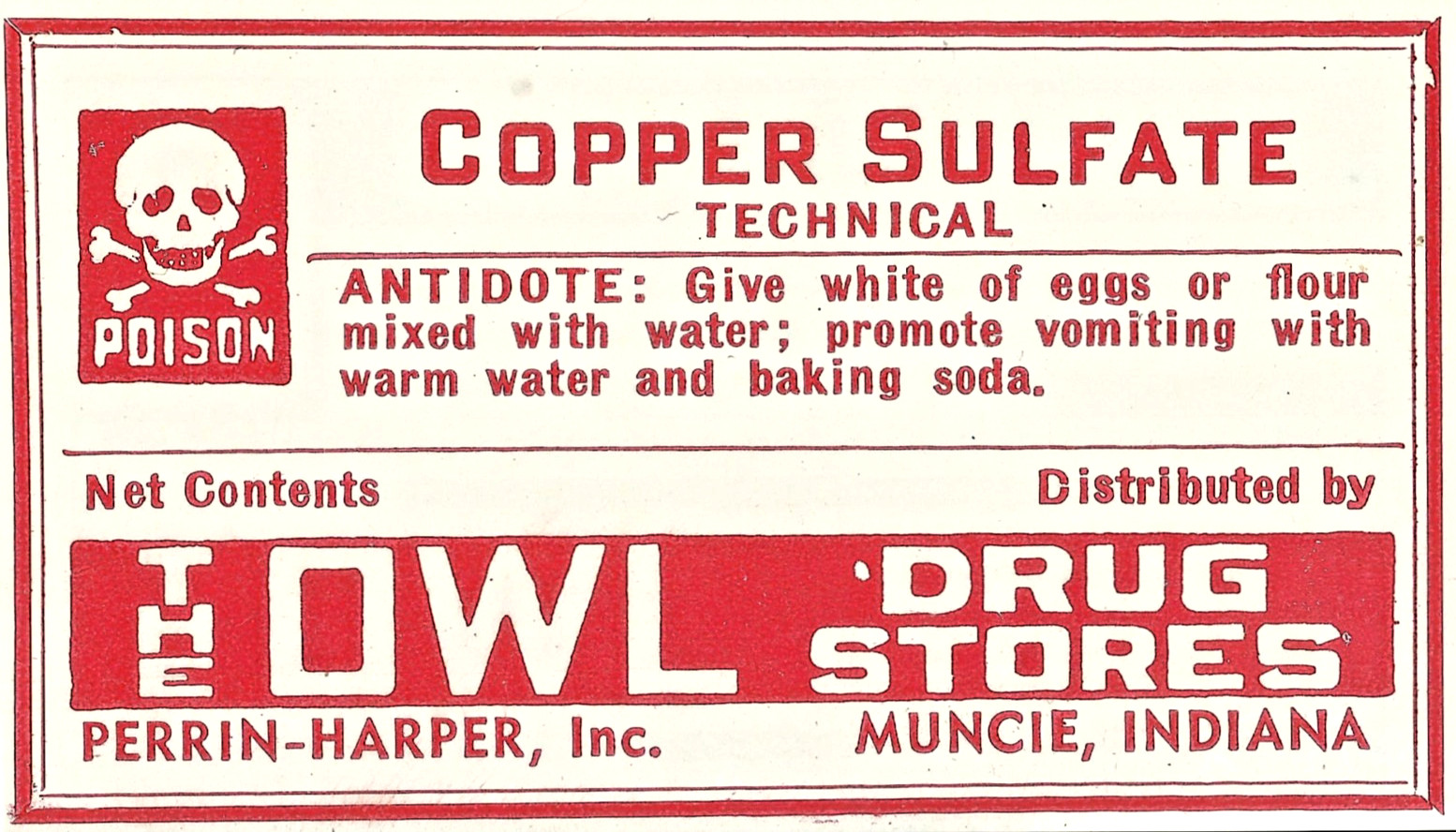 Antique Pharmacy Label COPPER SULFATE Poison Skull Bones The Owl Drug Stores