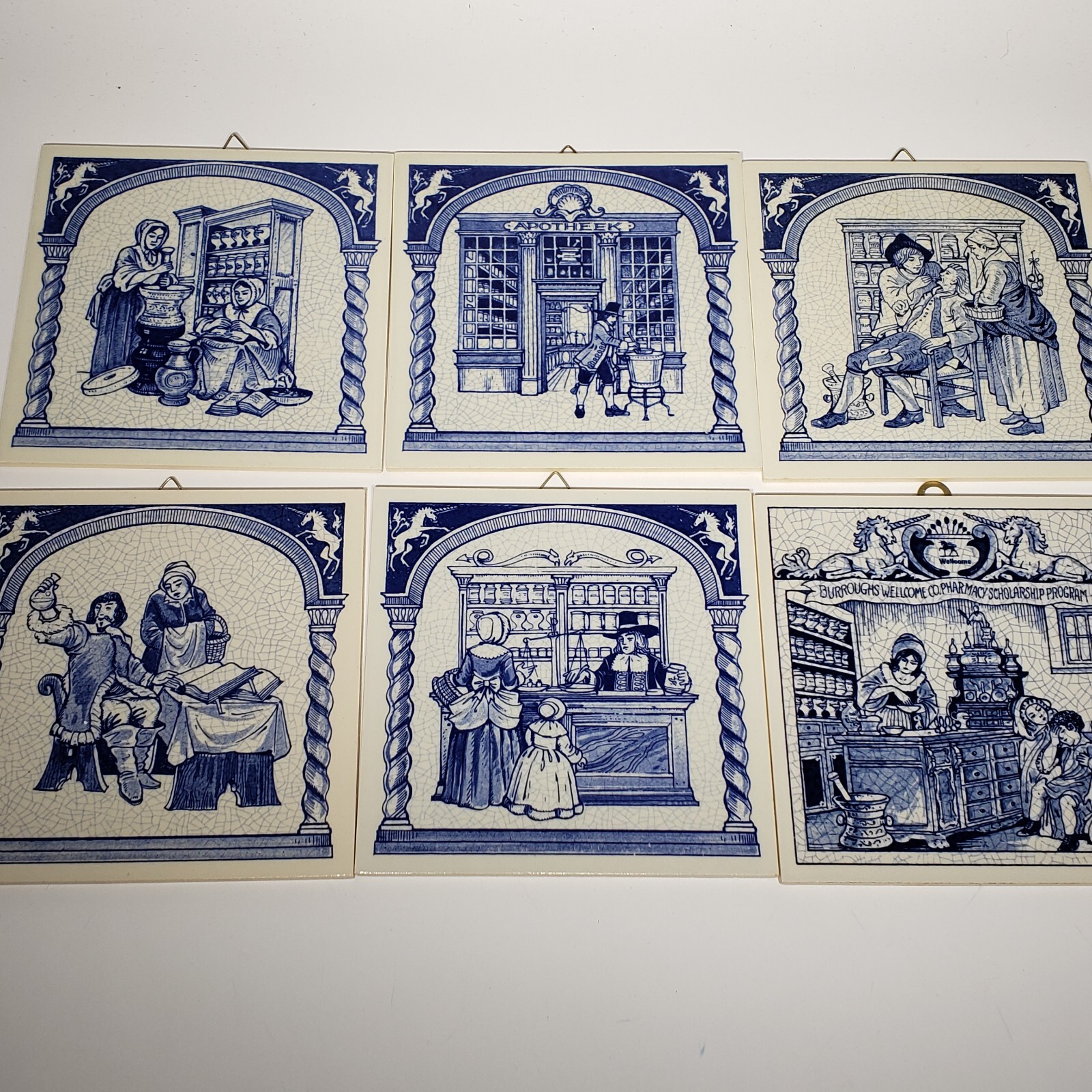 Set of 6 Delft Dutch Holland Burroughs Wellcome 6″ Apothecary Pharmacist Tiles