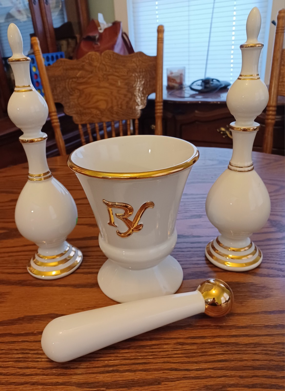 Vintage Owens Illinois Mortar and Pestle Finail Set Rx White and Gold Pharmacy