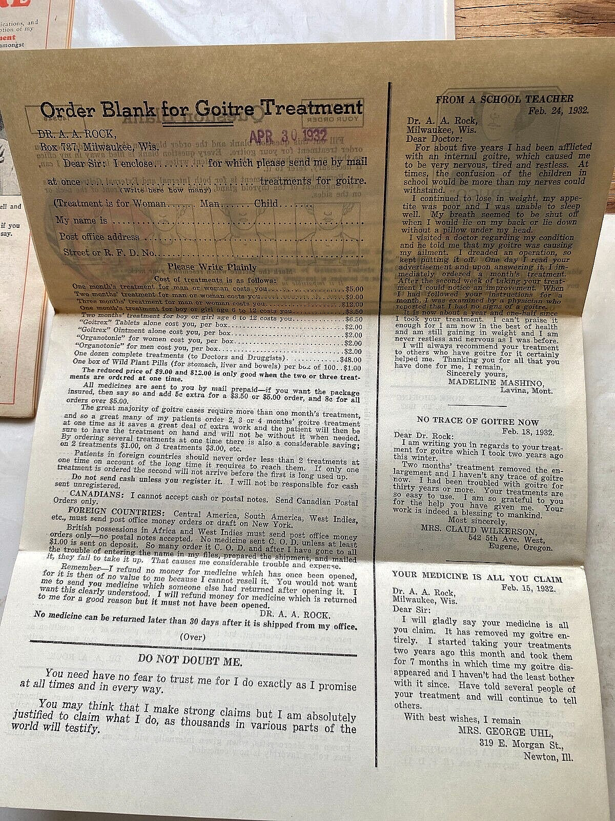 1932 Sales Literature for Goitre Cure. Dr. Arthur Rock, Milwaukee, Wisconsin.