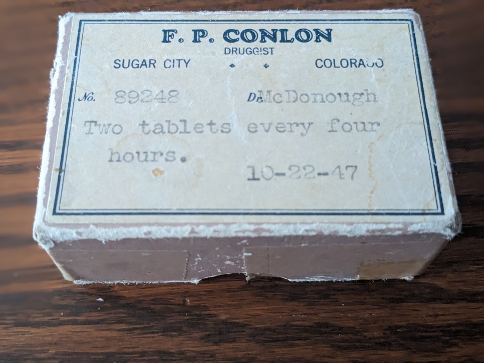 Vtg 1947 F.P. CONLON DRUGGIST SUGAR CITY CO. PRESCRIPTION BOX