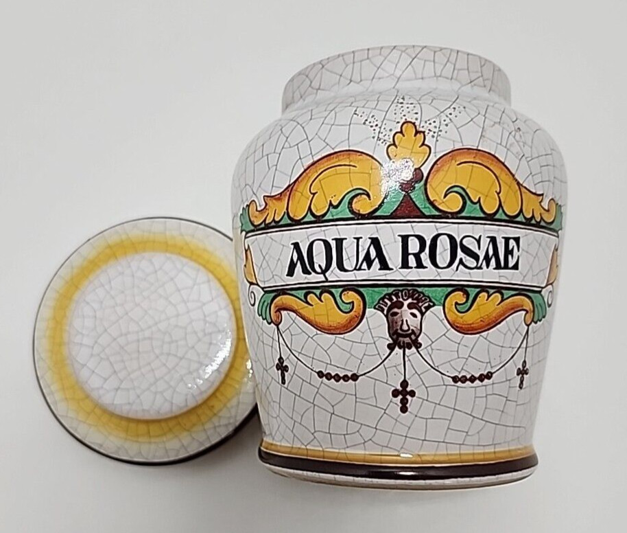 Aqua Rosae Apothecary Jar Western Germany Rose Water Lid Crackled Rare Vanity