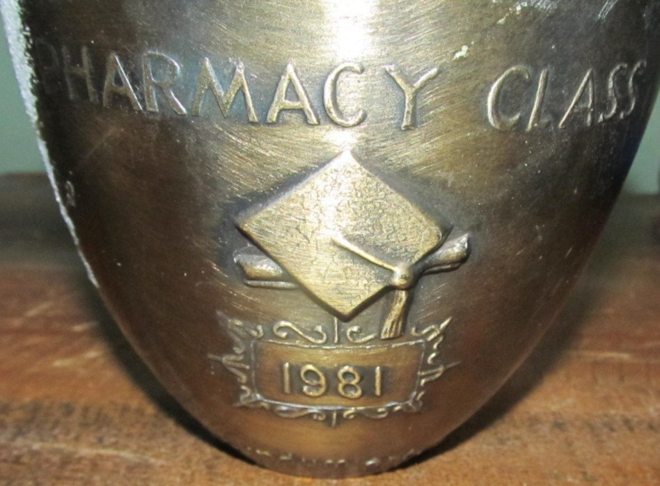 Vintage Pharmacy Class 1981 Mortar & Pestle Rx Secundum Artem Corrosion Brass