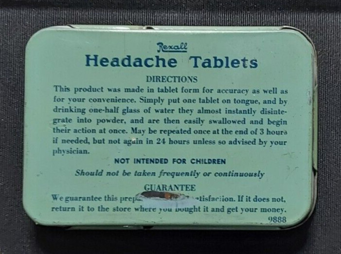 Old EMPTY Advertising Medicine Tin REXALL Headache Tablets United Drug Co Boston