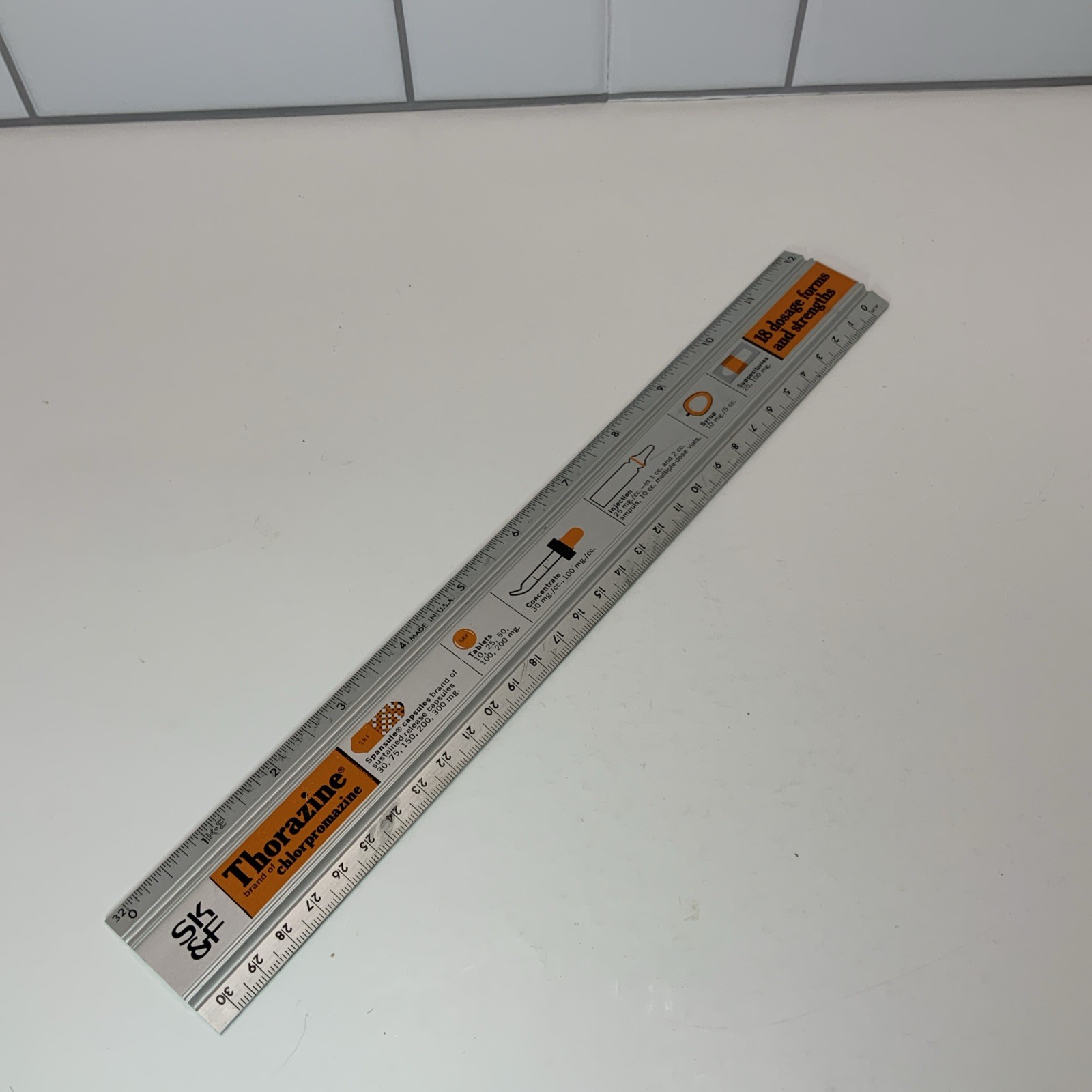 VINTAGE SKF THORAZINE ANTIPSYCHOTIC MEDICATION ADVERTISING METAL 12″ RULER