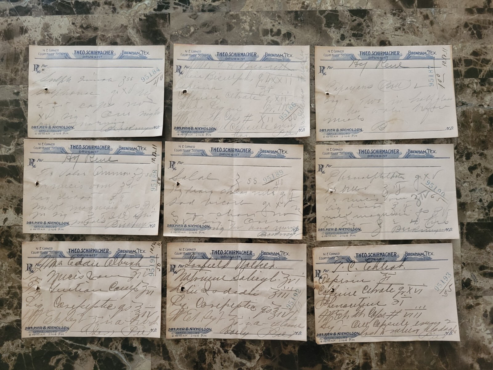 File box & 97 antique prescriptions (1911) – Dionin, Codeine, Infant Anodyne