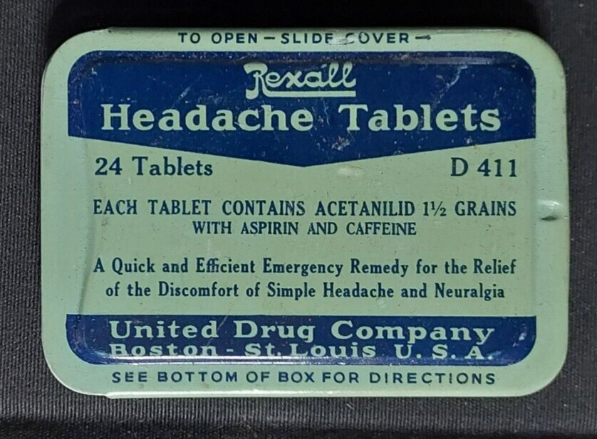 Old EMPTY Advertising Medicine Tin REXALL Headache Tablets United Drug Co Boston