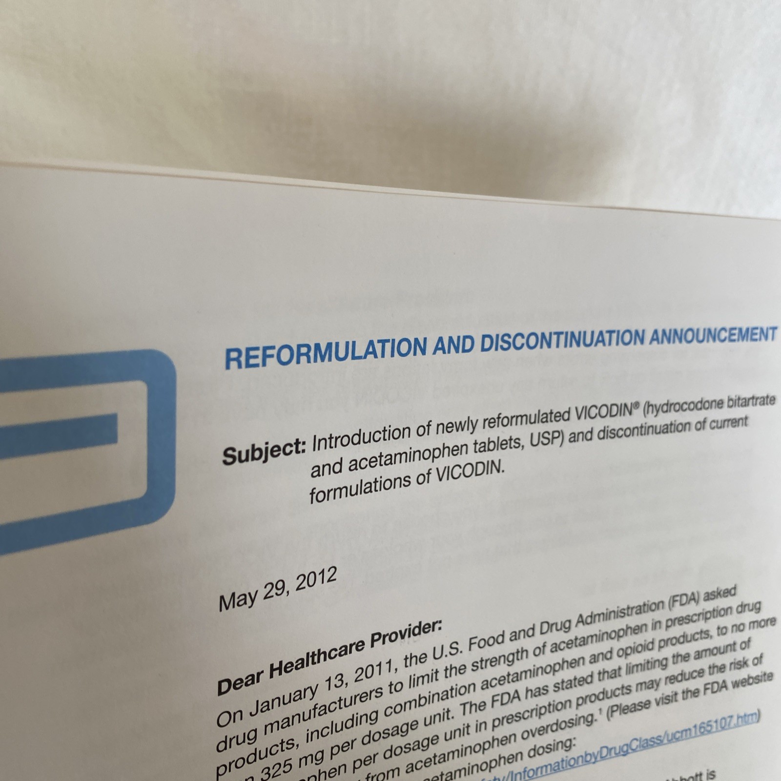 Rare Vicodin News Release 2012 Reformulation Abbott Drug Rep HP ES Opioid Pharma