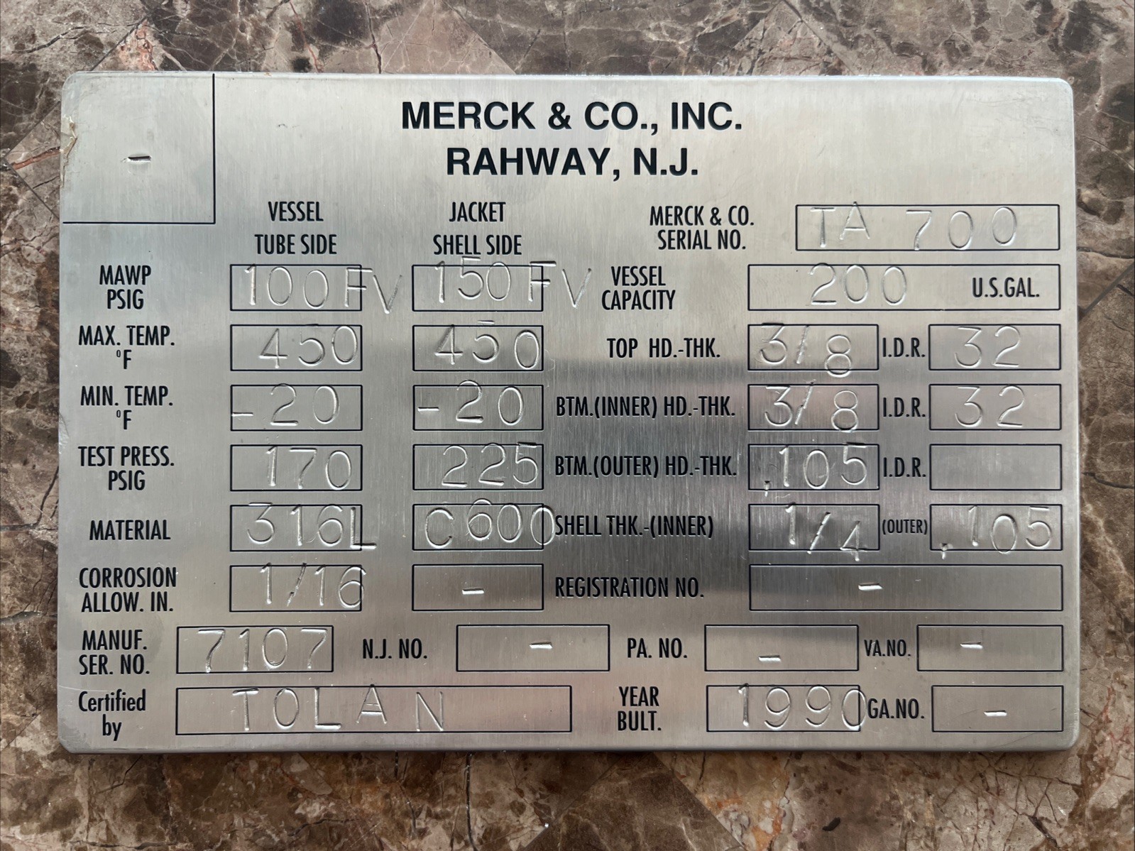 Merck & Co Pharmaceutical Rahway NJ Metal Stamped Data Plate TA-700