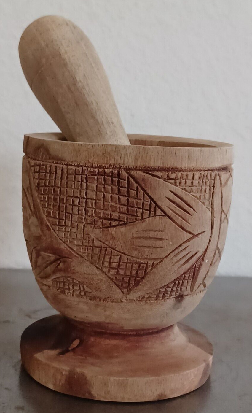 Hand Carved Wood Footed Mortar And Pestle Apothecary Grinder 4.5″ Tall Vintage